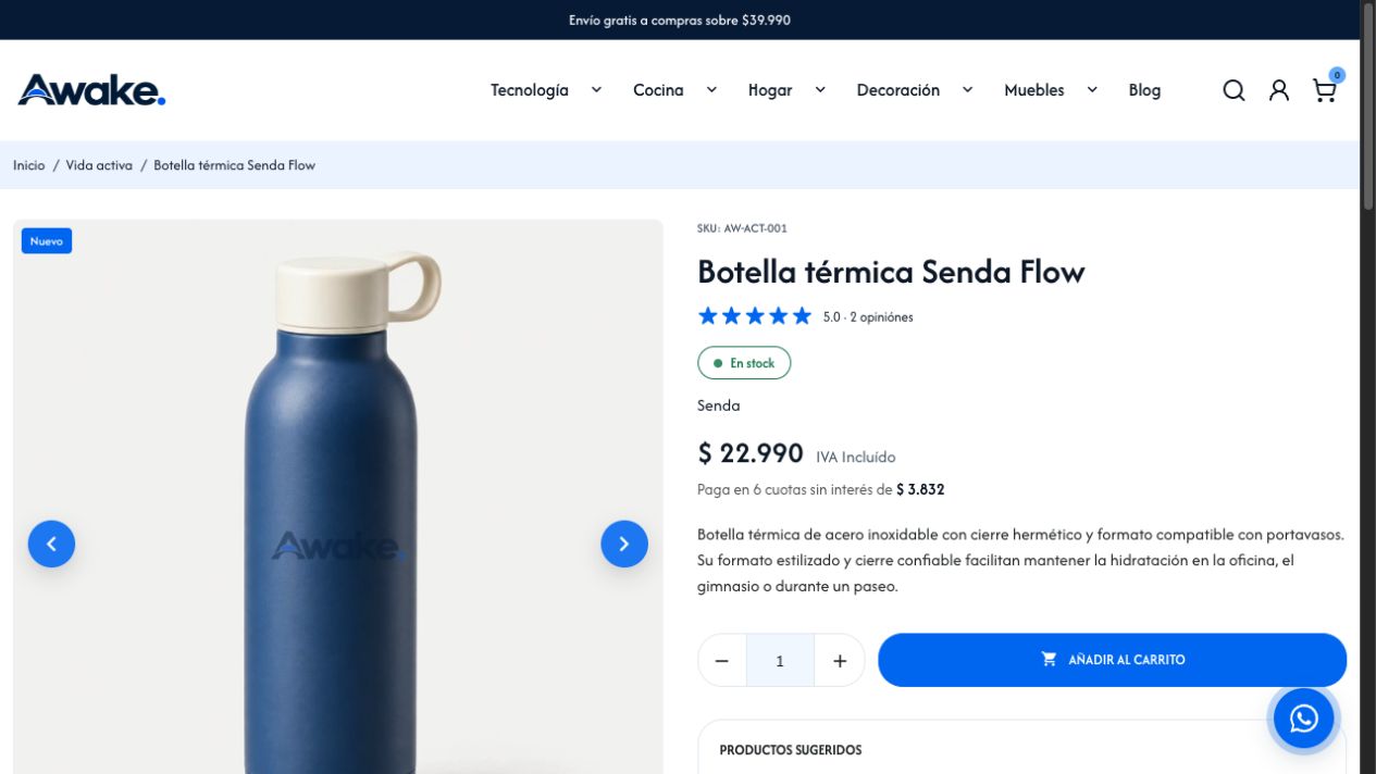 Ficha de producto del demo Awake con imágenes, disponibilidad, precio y botón de carrito