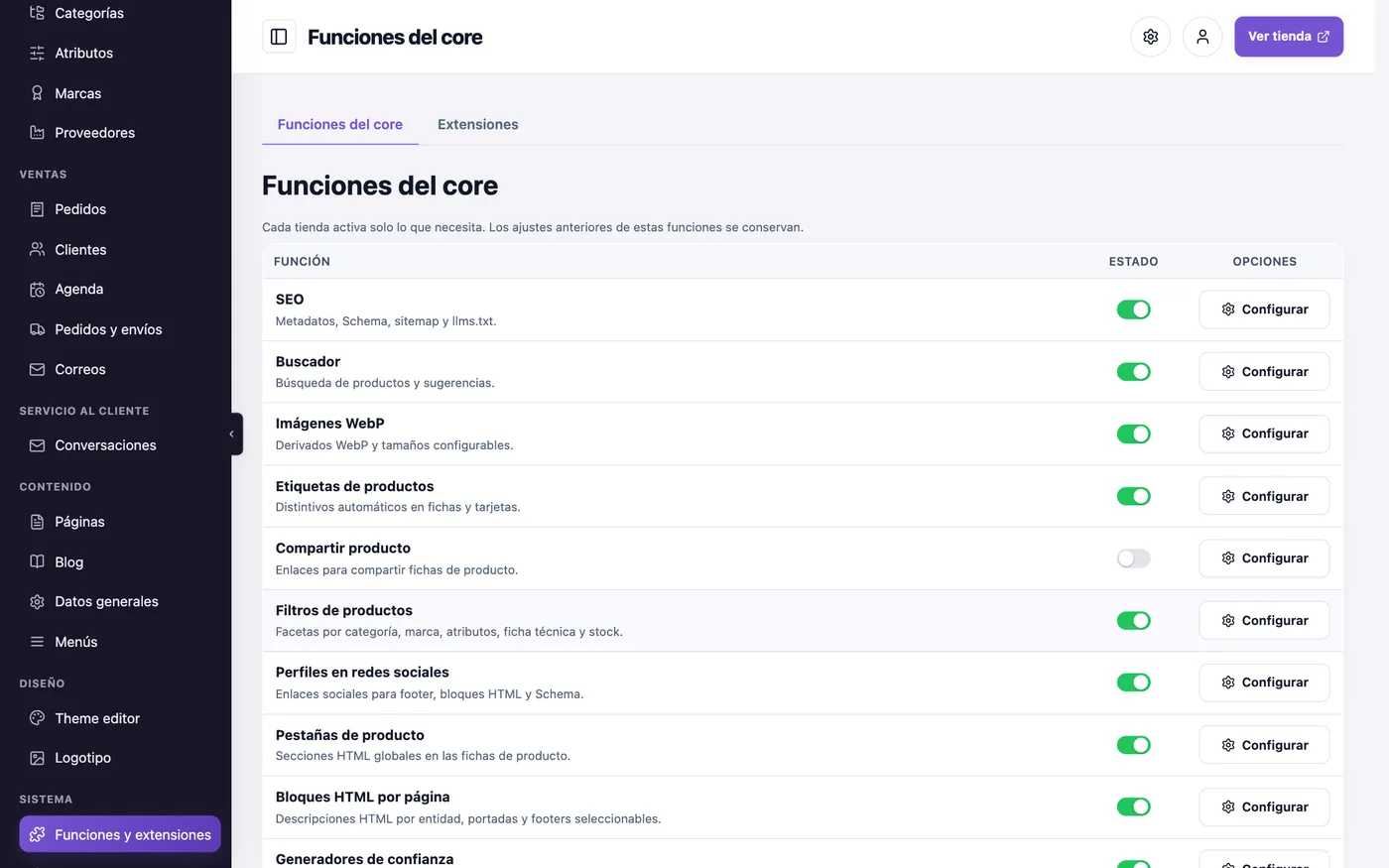 Pantalla de funciones y extensiones de VendeCMS