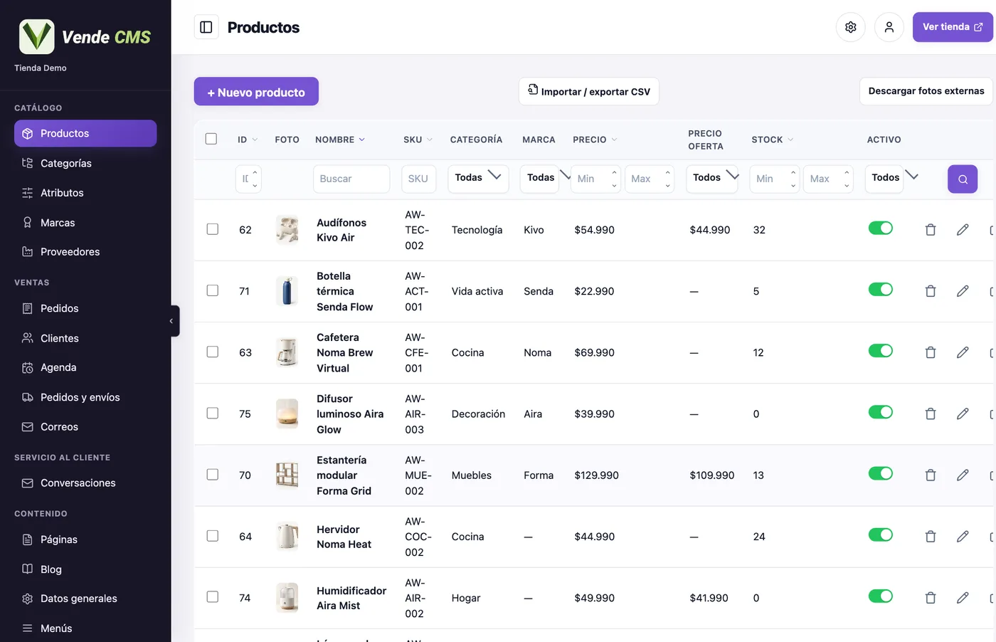 Listado de productos del panel de VendeCMS con filtros e importación CSV