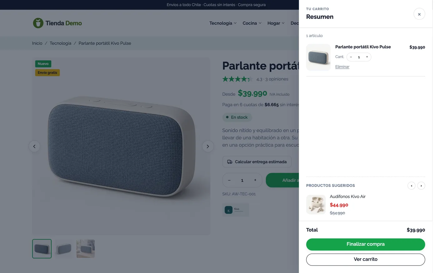 Carrito lateral de VendeCMS con productos sugeridos