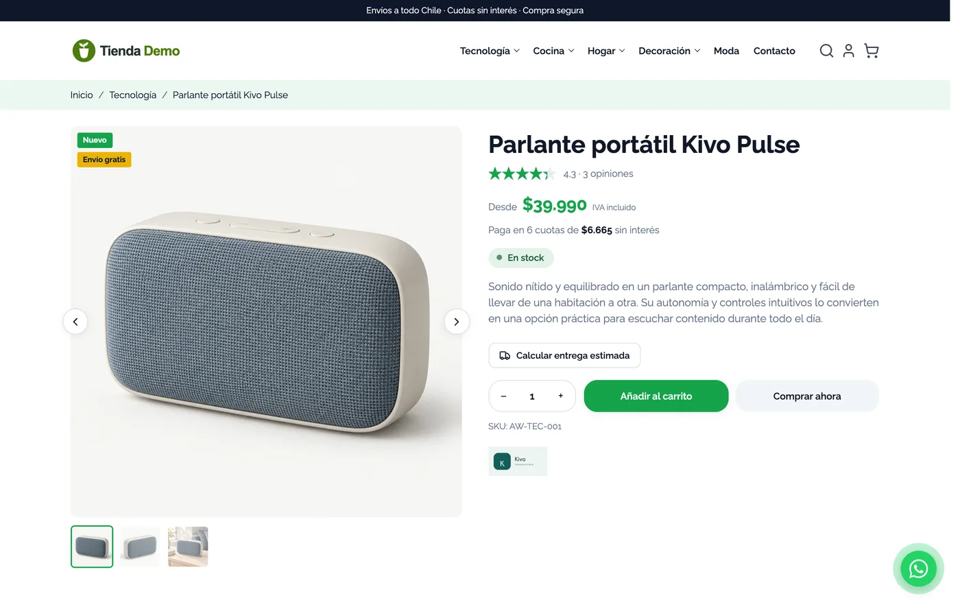 Ficha de producto de VendeCMS con compra rápida y cuotas